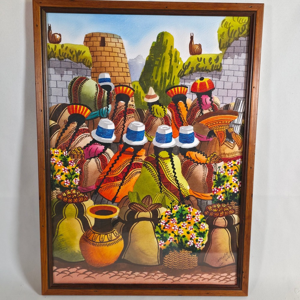 HUINCHO Vintage Peruvian Folk Art Painting Cusco Market Andean Framed 2002